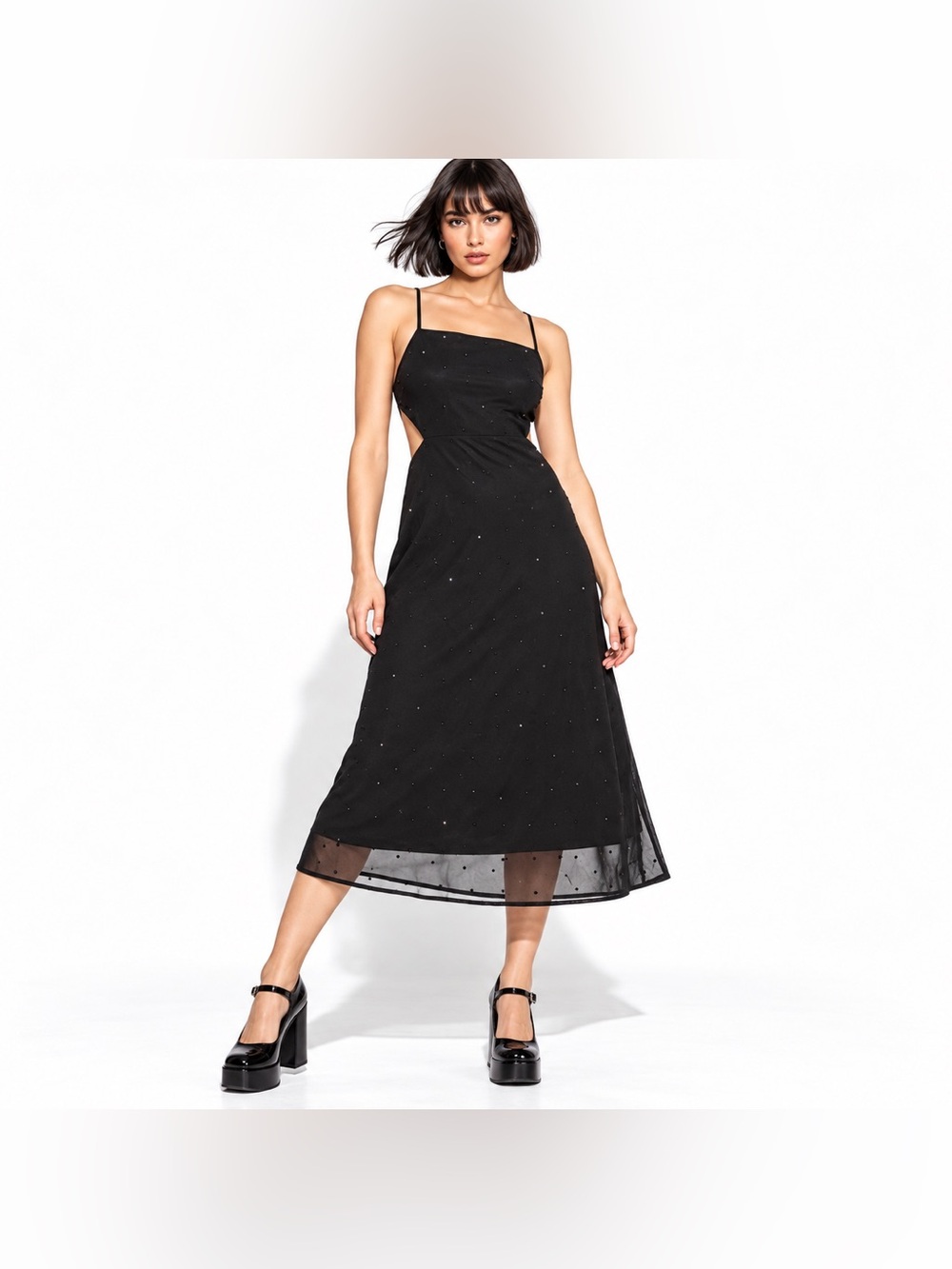 RAHI Glimmer Rhinestone Black Sparkle Open Back Slip Midi Dress Size M